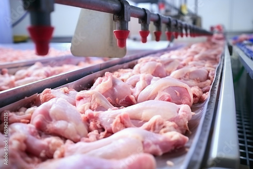 Poultry farm for the production of chicken meat. Industrial production and packaging of chicken meat. Chicken fillet and tenderloin on a conveyor in the workshop. modern food industry.