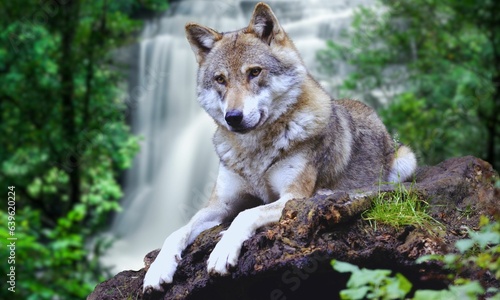 Close up portrait of a Gray wolf Sitting on a rocky 