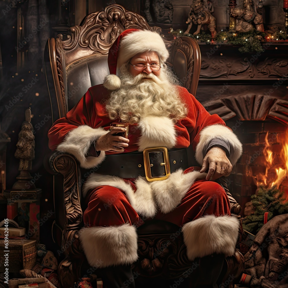Portrait of santa claus on an armchair near the fireplace Christmas, New Year card.