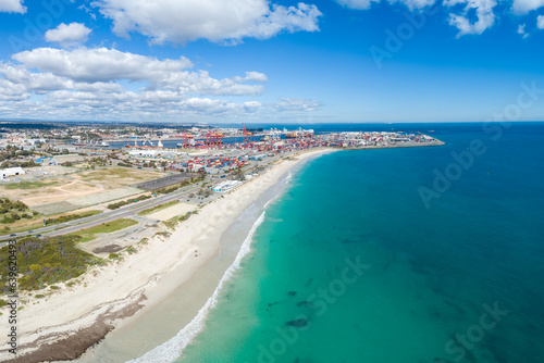 Aerial panorama of Port Beach with Port of Fremantle in background with shipping containers photo