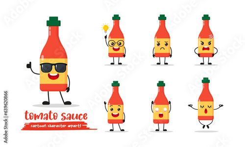 cute tomato sauce cartoon with many expressions. tomato sauce bottle different activity pose vector illustration flat design set with sunglasses.