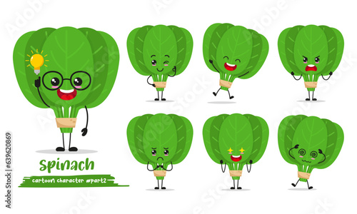 cute spinach cartoon with many expressions. vegetable different activity pose vector illustration flat design set.