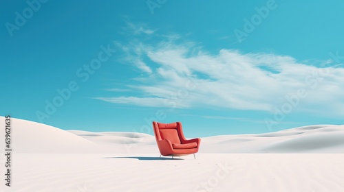 Fototapeta Naklejka Na Ścianę i Meble -  one red armchair on white sand beach with blue sky, freedom and peaceful vibe, minimalism style background with copy space, Generative Ai