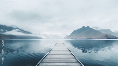 wooden dock way to horizon in foggy morning, minimalism style background with copy space, Generative Ai