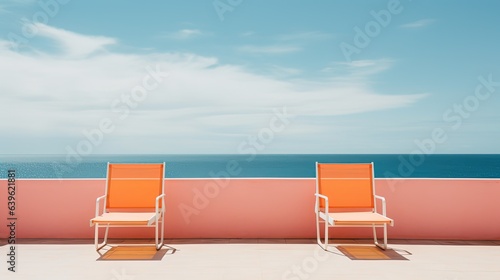 balcony seascape with two chair, minimalism style background with copy space, Generative Ai