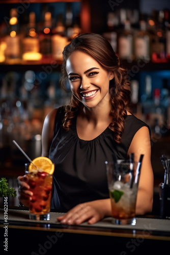 Young smiling Brasilian bartender on the workplace. Shelves with bottles of alcohol in the background
