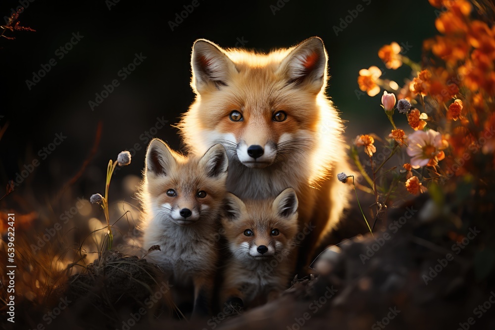 mother red fox with little foxes in autumn