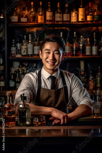 Young smiling Korean bartender on the workplace. Shelves with bottles of alcohol in the background