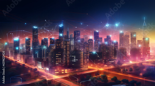 A smart cityscape with interconnected IoT devices and AI - driven systems, creating a seamless and sustainable urban environment