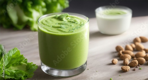 Delicious looking green Smoothie on a table with ingredients. Generative AI.