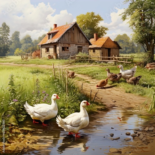 A beautiful image of a country farm with ducks and chickens. Great for stories on country life, rural life, vintage life, landscapes, agriculture and more. 