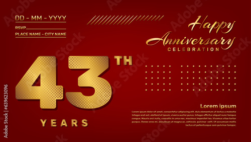 Vector template with golden pattern number style isolated on red background, modern and luxury template design for 43th anniversary celebration event photo