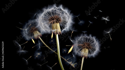 Dandelion scatters into white umbrellas  seeds on a black background. AI generated