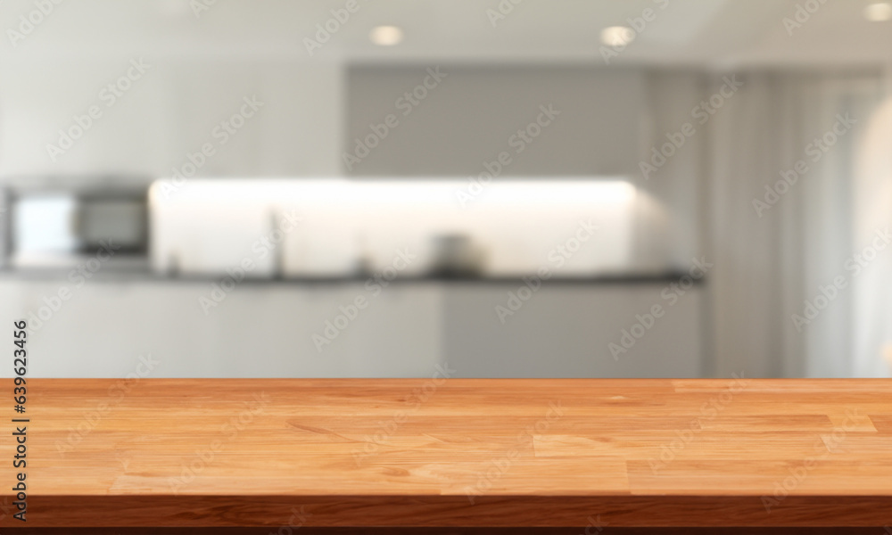Mock-up wooden product display. Behind the blurred image is the kitchen. Mock-up wooden product display. Behind the blurred image is the kitchen.