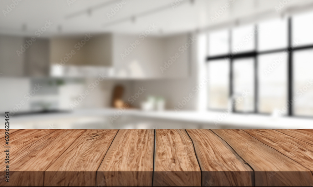 Mock-up wooden product display. Behind the blurred image is the kitchen. Mock-up wooden product display. Behind the blurred image is the kitchen.