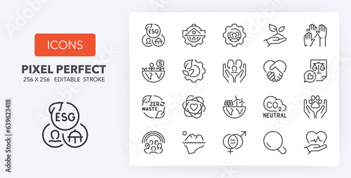Environmental Social Governance thin line icon set. Outline symbol collection. Editable vector stroke. 256x256 Pixel Perfect scalable to 128px, 64px...