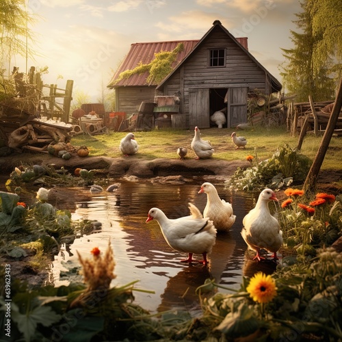A beautiful image of a country farm with ducks and chickens. Great for stories on country life, rural life, vintage life, landscapes, agriculture and more. 