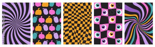 Halloween groovy poster set. Psychedelic distorted pattern collection for banner, greeting card, party. Pumpkins, eye character. Trendy retro vector illustration isolated on black background