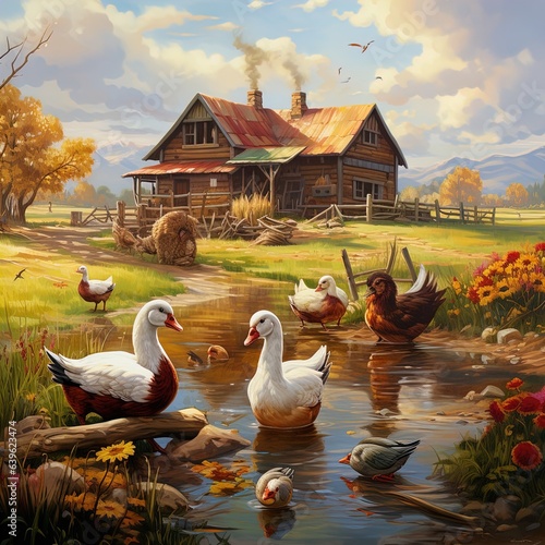 A beautiful image of a country farm with ducks and chickens. Great for stories on country life, rural life, vintage life, landscapes, agriculture and more. 