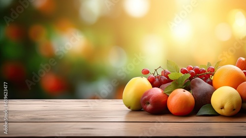 empty table top with blur background of fruit, Advertisement, Print media, Illustration, Banner, for website, copy space, for word, template, presentation.