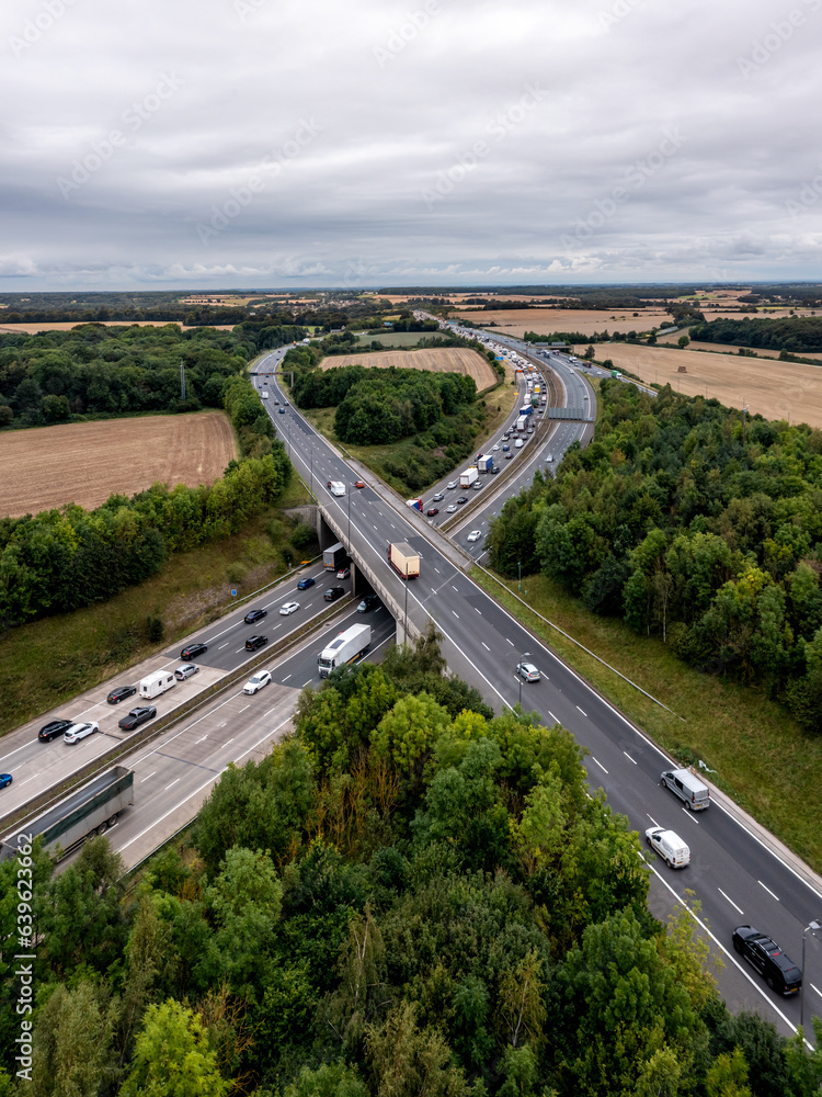Aerial vertical landscape of traffic jam on the M1 motorway