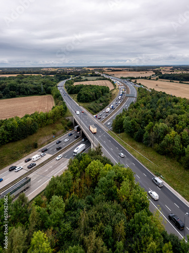 Canvas Print Aerial vertical landscape of traffic jam on the M1 motorway