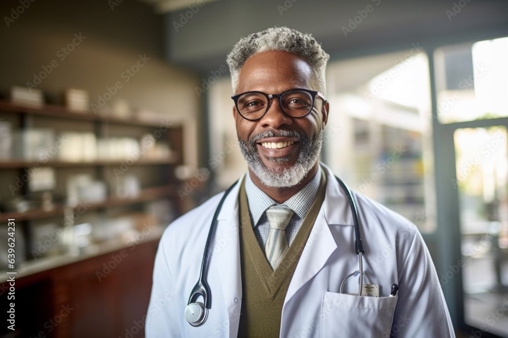 Portrait of doctor with glasses, dark-skinned male doctor smiling and looking at the camera, in his office at the hospital, Portrait of male podiatrist doctor.