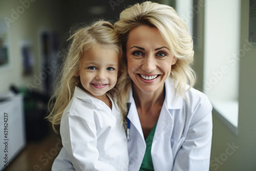 Doctor and patient, Child girl, at visit to clinic, Health pediatrician specialist providing health care services consultations treatment, Children healthcare concept