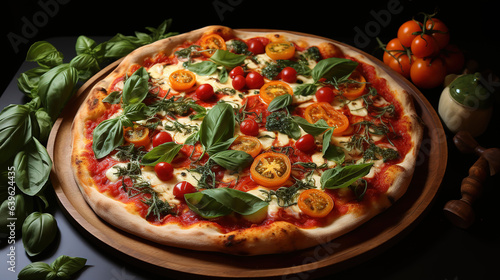 A pizza with basil leaves on it, Bright color. Generative Ai