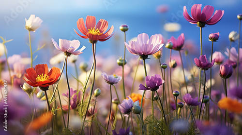 Beautiful meadow with wild flowers, Nature background, Soft focus. Generative Ai