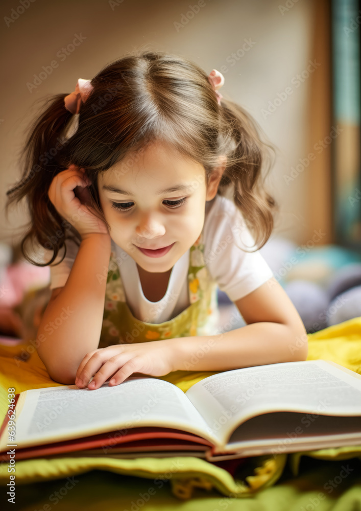 Small girl lying on bed, reading a book. Generative AI Small girl lying on bed, reading a book. Generative AI