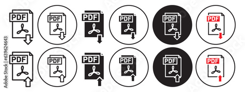 PDF icon. Outline symbol of portable document format. Flat vector set of pdf file download or upload from computer to website. Logo sign of pdf form or template to print the attachment. web app mark