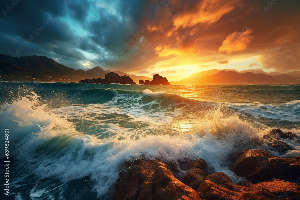 Sea Storm view, waves with foam in storm, seascape, sea or ocean under dark blue clouds, turquoise colour of water. Mountains coastline. Big Waves. Sea Storm view, waves with foam in storm, seascape, sea or ocean under dark blue clouds, turquoise colour of water. Mountains coastline. Big Waves.