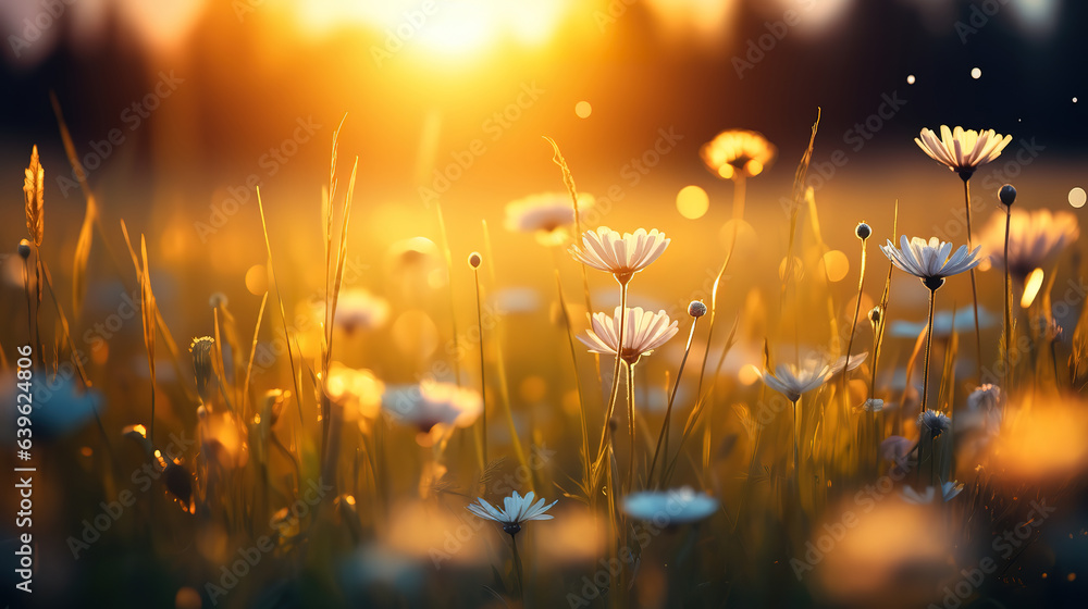 Inspirational nature closeup. Sunset floral meadow field beautiful bokeh blurred. Generative Ai