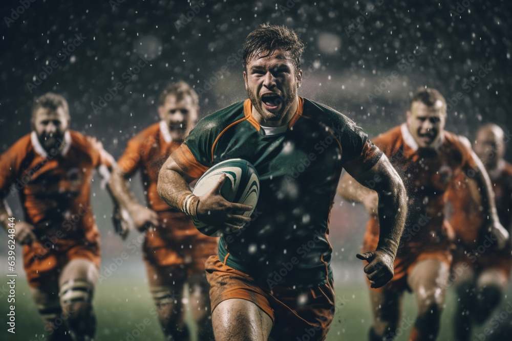 Rugby sportsman players with ball in action on stadium under lights. Emotional team under rain, splash drops. Rugby sportsman players with ball in action on stadium under lights. Emotional team under rain, splash drops.