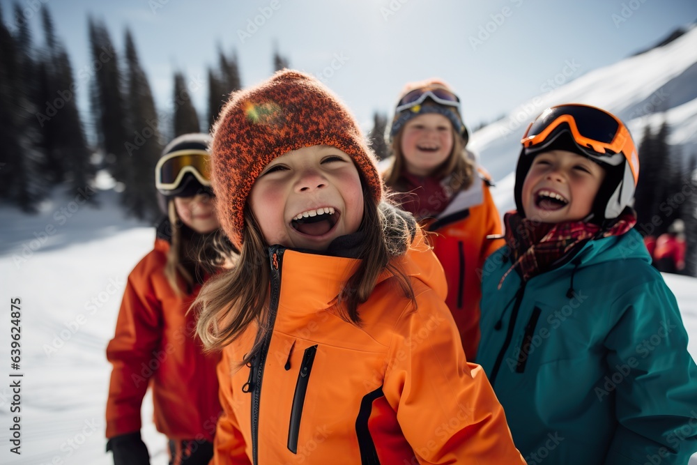 Kids have winter fun sport activities in snowy mountains Kids have winter fun sport activities in snowy mountains