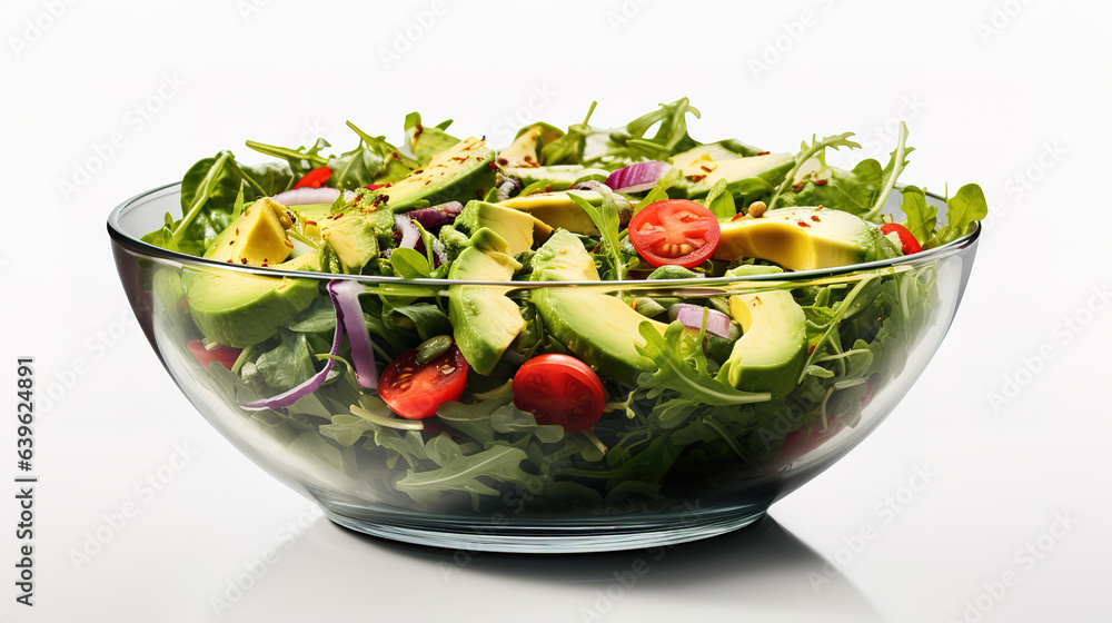 Salmon and avocado salad isolated on white background. Generative Ai