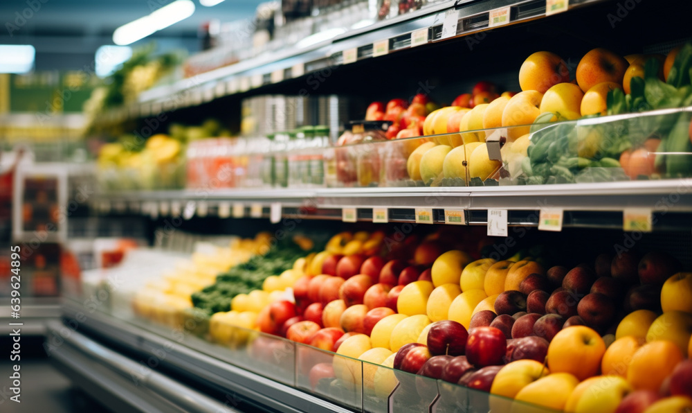 Fresh organic fruits on a shelf in a supermarket, Variety Shopping  in a supermarket apples, oranges, bananas, grapes, pineapples lemons, healthy consumerism food concept.