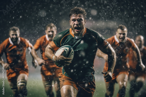 Rugby sportsman players with ball in action on stadium under lights. Emotional team under rain, splash drops.