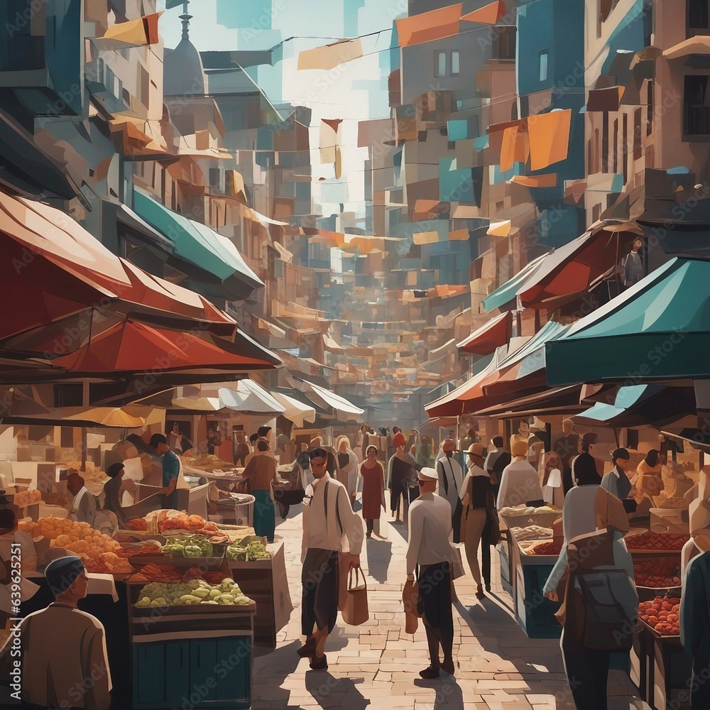 Obraz premium A Vibrant Scene of People Engrossed in Shopping and Socializing at a Bustling Market Full of Colorful Goods and Tempting Aromas