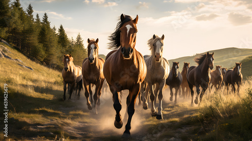 Graceful Roamers: Horses at Pasture in Golden Fields © Abzal