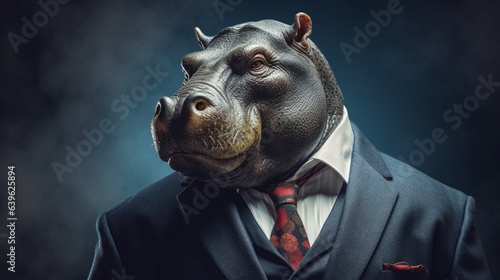 A hippopotamus wearing a suit and tie.Generative AI © shuvodesign