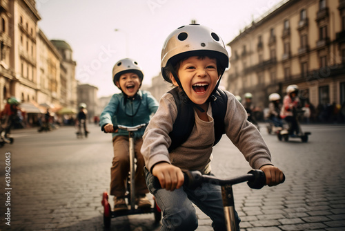 Cheerful childrens-cyclist riding bicycle outdoor during daylight