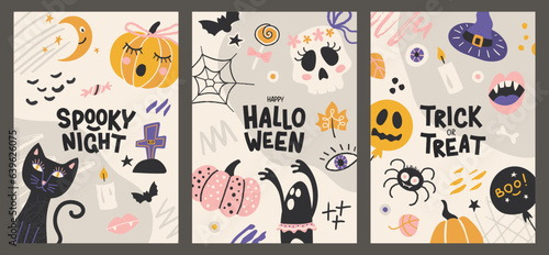 Happy Halloween. Set of vector cards with hand drawn elements. Cards or invitations with funny cat, ghost, pumpkin, spider, skull and more.