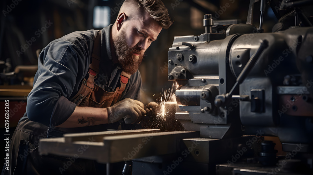 Crafting Precision: Worker Operating Lathe Machine Crafting Precision: Worker Operating Lathe Machine