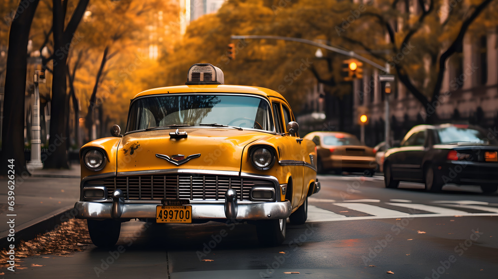 Urban Glow: Iconic Yellow Taxi Amidst City Lights