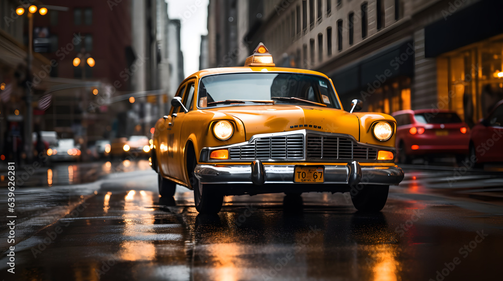 Urban Glow: Iconic Yellow Taxi Amidst City Lights