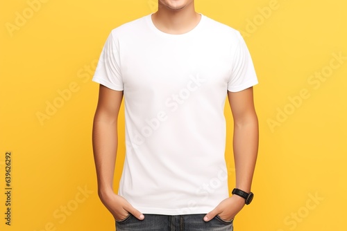 Weißes T-Shirt Mockup auf gelben Hintergrund.  photo