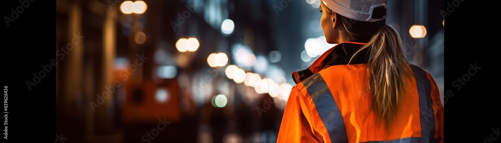 Breiter Banner zeigt Arbeiterin mit Helm auf der Baustelle. Bauleiter in Berufskleidung bei Nacht bei der Arbeit.  Platz für Text. - obrazy, fototapety, plakaty 