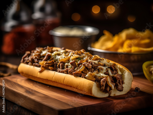 Philly cheesesteak in wood background. AI Generative